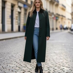 Vintage Me-Jay Elegant Pure Virgin Wool Dark Green Coat Fur Collar Size 7-8